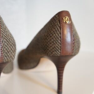 Ralph Lauren Lanette Green & Brown Tweed Herringbone Leather Pumps Size 8.5